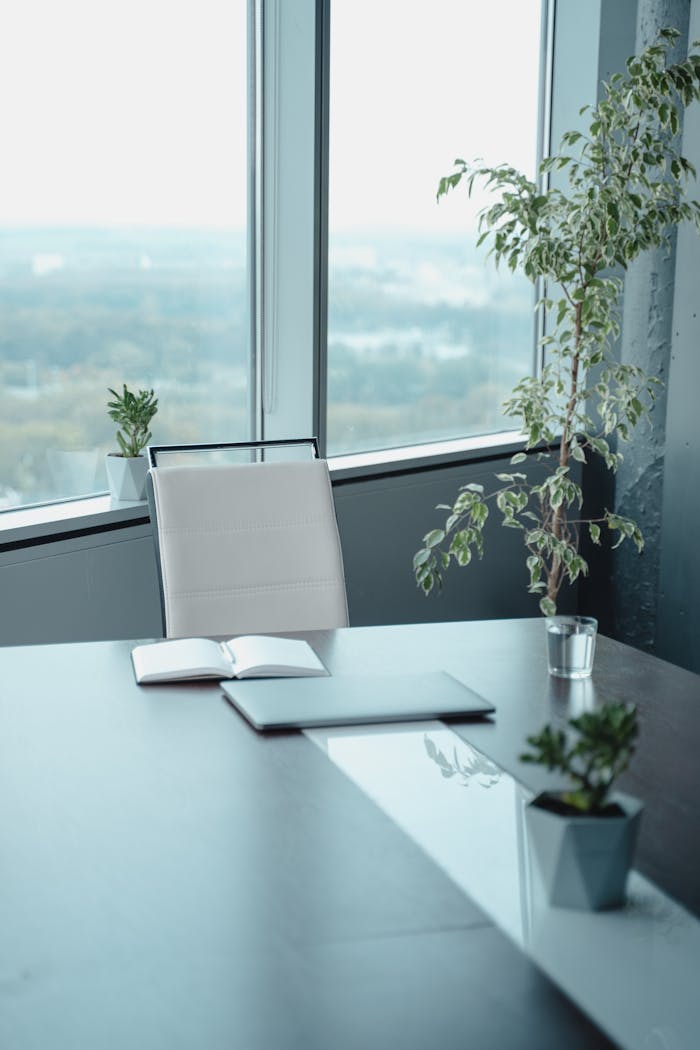hero-img-01 A modern office setup with a sleek desk, open notebook, and green plants by a large window.